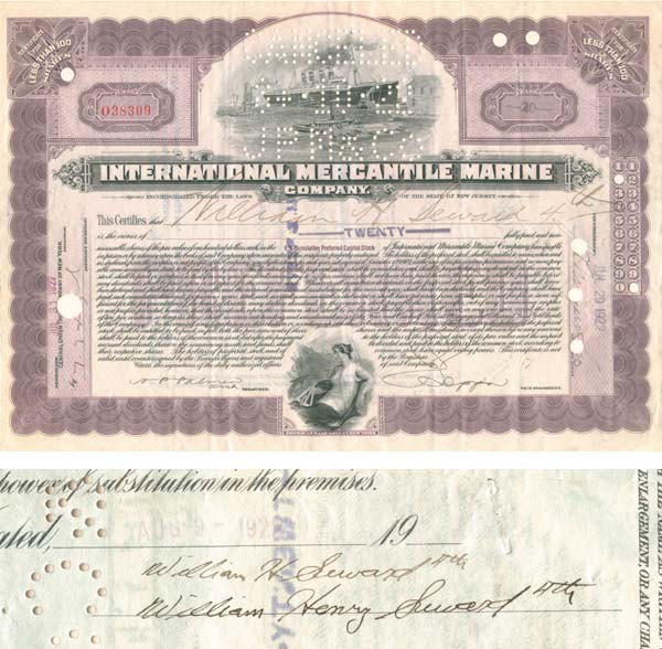 William H. Seward IV signed twice International Mercantile Marine - Co. that Made the Titanic - 1922 dated Shipping Autograph Stock Certificate - William Henry Seward the Fourth or 4th